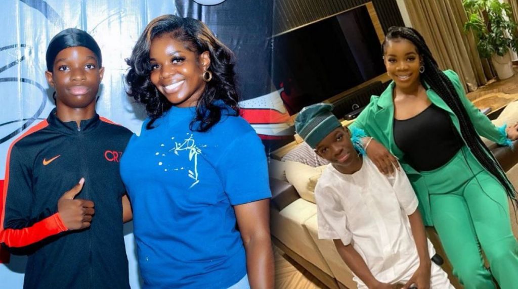 A collage showing Wizkid’s son Champz standing beside his mother, Oluwanishola Ogudu. In the first photo, Champz wears a black and red sports jacket while his mother smiles in a blue shirt. In the second photo, Champz is dressed in a white native outfit with a cap, posing beside his mother who is wearing a green suit.
