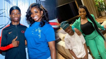 A collage showing Wizkid’s son Champz standing beside his mother, Oluwanishola Ogudu. In the first photo, Champz wears a black and red sports jacket while his mother smiles in a blue shirt. In the second photo, Champz is dressed in a white native outfit with a cap, posing beside his mother who is wearing a green suit.