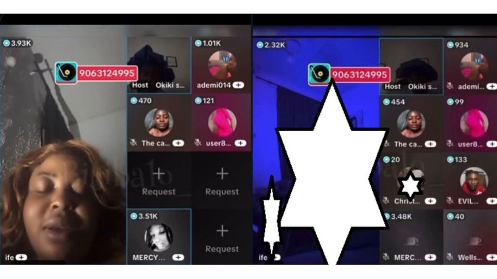 Screenshot of a TikTok livestream showing multiple participant profile icons and viewer counts, with a woman’s face visible on the left side and a censored section on the right.