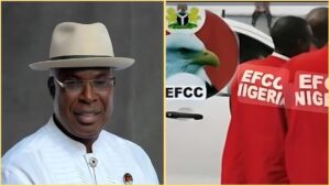Split image showing former Bayelsa State governor Timipre Sylva on the left wearing a white outfit and hat, and EFCC operatives in red jackets with the agency’s logo on the right.
