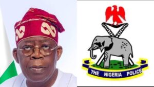 Side-by-side image showing President Bola Tinubu in traditional attire and the official logo of the Nigeria Police Force, featuring an elephant and eagle emblem.