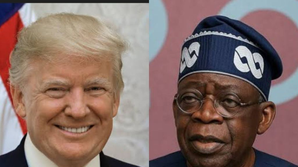Side-by-side photo showing Donald Trump smiling on the left and Nigerian President Bola Ahmed Tinubu wearing a blue cap on the right.