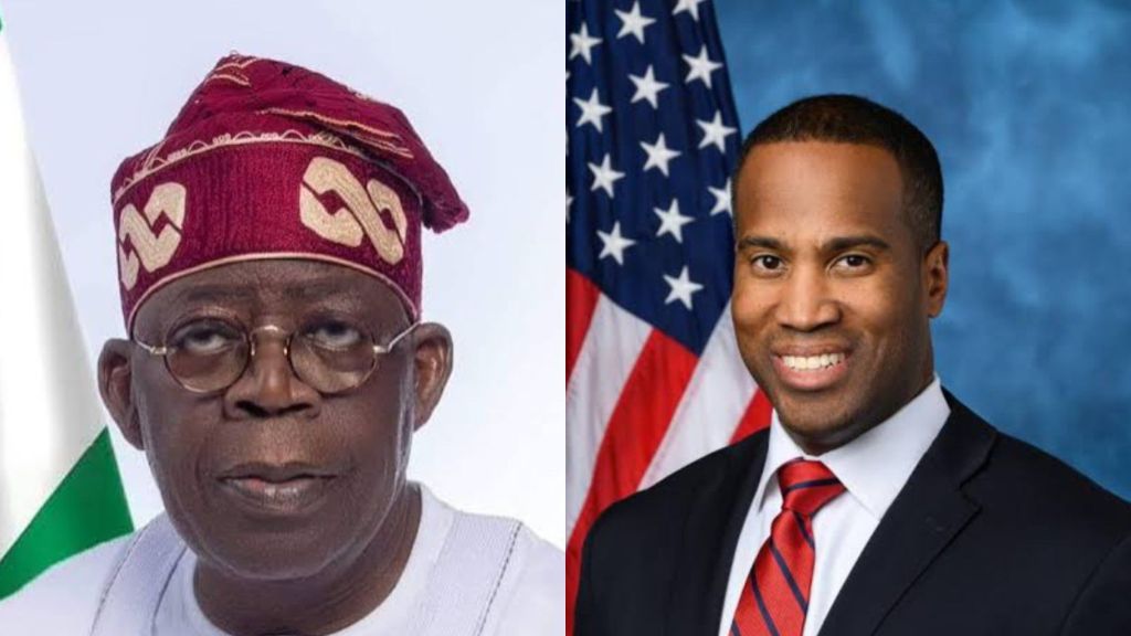 Side-by-side photo showing Nigeria’s President Bola Ahmed Tinubu on the left and US Congressman John James on the right, both facing the camera.
