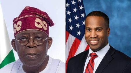 Side-by-side photo showing Nigeria’s President Bola Ahmed Tinubu on the left and US Congressman John James on the right, both facing the camera.