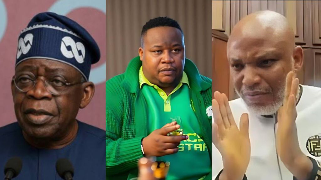 A side-by-side collage showing President Bola Ahmed Tinubu on the left, Cubana Chief Priest in the centre holding a drink, and Nnamdi Kanu on the right gesturing with his hands.