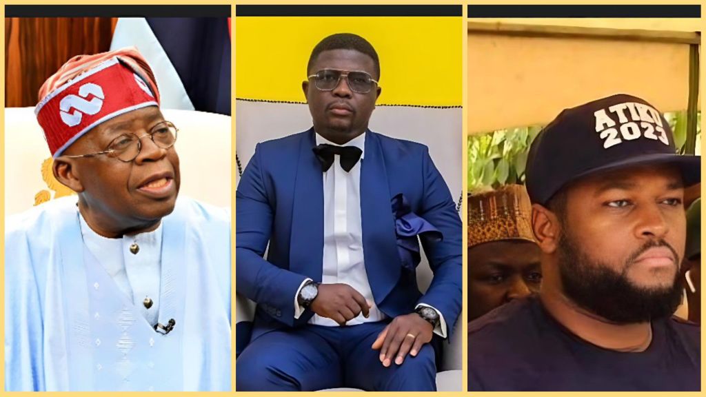 Side-by-side photo collage showing President Bola Ahmed Tinubu, comedian Seyi Law dressed in a blue tuxedo, and Shehu Abubakar wearing an “Atiku 2023” cap.