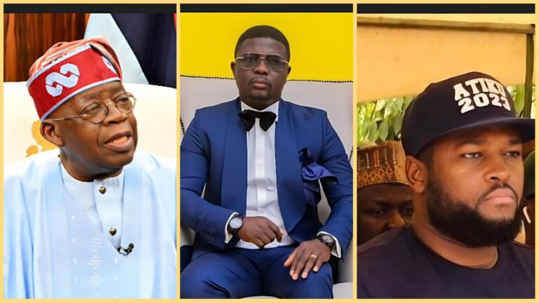 Side-by-side photo collage showing President Bola Ahmed Tinubu, comedian Seyi Law dressed in a blue tuxedo, and Shehu Abubakar wearing an “Atiku 2023” cap.