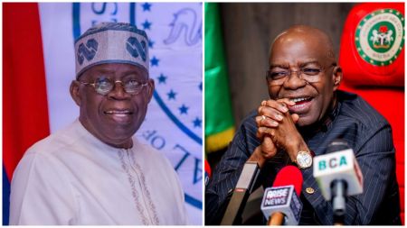 A side-by-side photo showing Nigerian President Bola Ahmed Tinubu smiling in a white agbada and cap on the left, and Abia State Governor Alex Otti smiling behind microphones during a press briefing on the right.