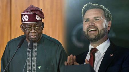 President Bola Tinubu stands at a podium during a speech, while U.S. Vice President J.D. Vance smiles and gestures as he addresses an audience.