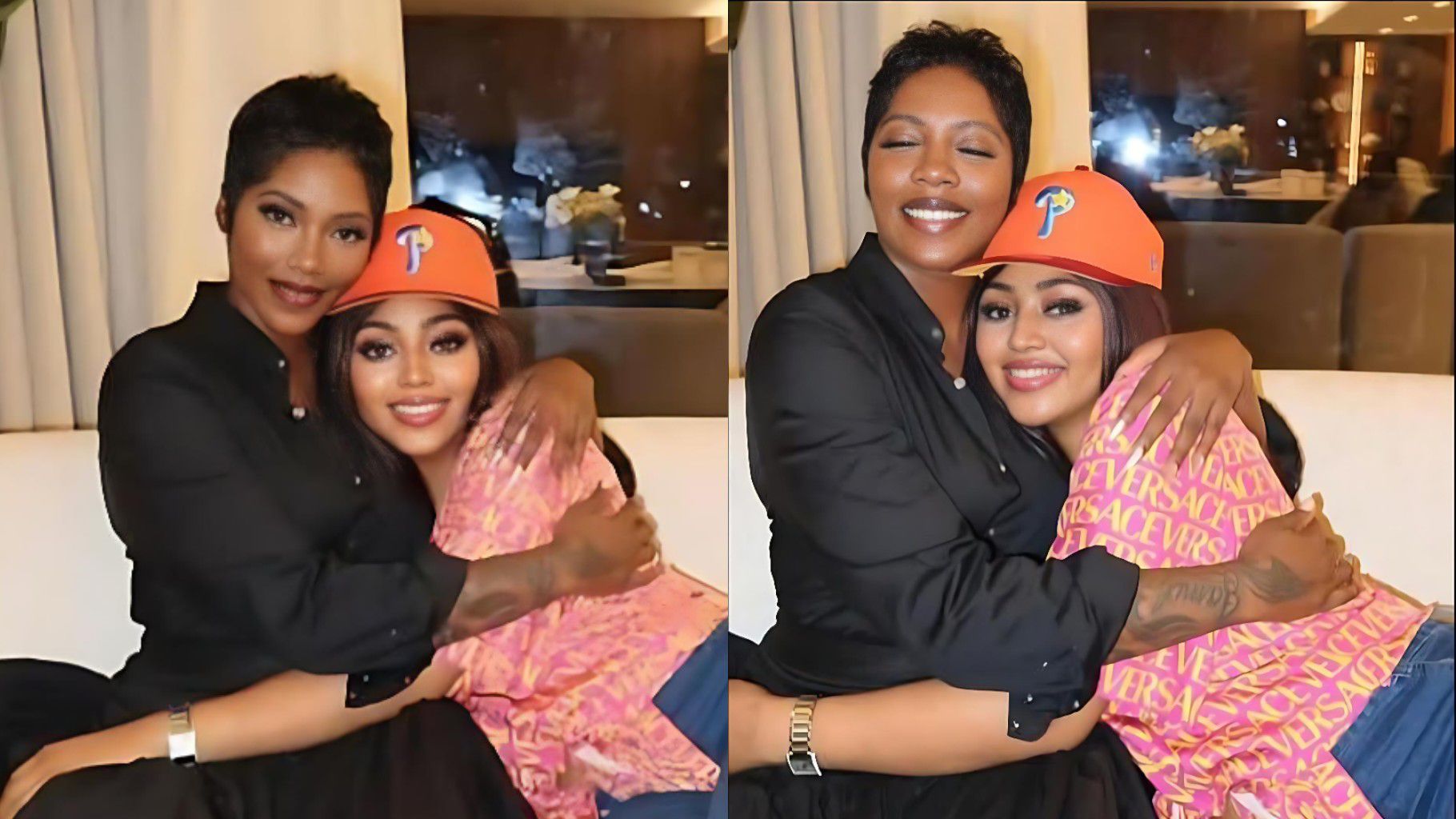 Two side-by-side photos showing a woman in a black top hugging another woman in a colourful Versace outfit and orange cap. Both are smiling warmly while seated on a couch indoors, expressing closeness and affection.