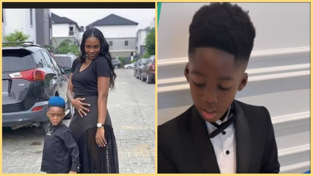Singer Tiwa Savage poses outdoors with her son Jamil in a black outfit on the left, while on the right Jamil is seen dressed in a tuxedo, reading attentively indoors.