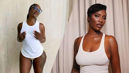 Side-by-side photos of Tiwa Savage wearing sleeveless tops; one shows her posing in sunglasses and a white tank top, while the other shows her in a fitted cream tank top against a curtain backdrop.