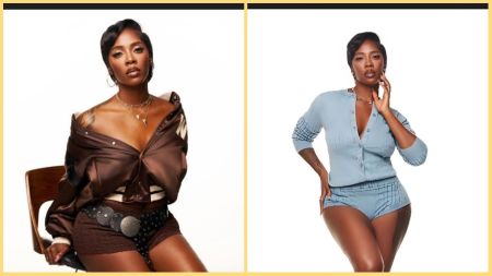 Side-by-side photos of Nigerian singer Tiwa Savage posing confidently in stylish outfits — one in a brown off-shoulder top and another in a light blue two-piece set, both against a plain white background.