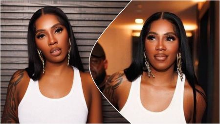 Side-by-side photos of Nigerian singer Tiwa Savage wearing a white sleeveless top, long straight black hair, bold lashes, and statement drop earrings, posing indoors with a neutral expression.