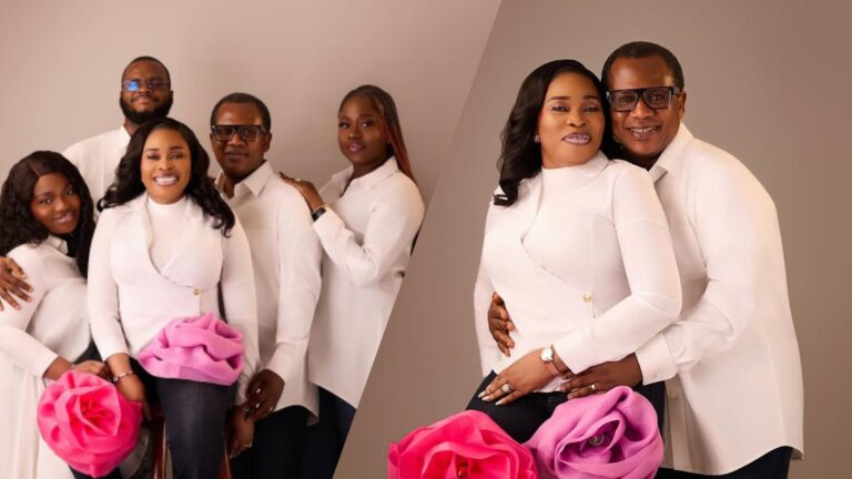 Tope Alabi sits smiling with her husband and their children, all dressed in matching white outfits, holding large pink decorative roses. Another photo shows Tope and her husband embracing while posing for the camera.
