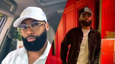 Side-by-side images of BBNaija star Tochi. On the left, he is seated inside a car wearing a white cap, glasses, and a white shirt. On the right, he stands indoors against a red wall, dressed in a black jacket, white shirt, and dark cap, looking calmly at the camera