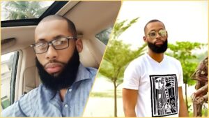 Side-by-side photos of BBNaija alum Tochi, one taken inside a car wearing glasses, and the other outdoors in a white graphic T-shirt and sunglasses.