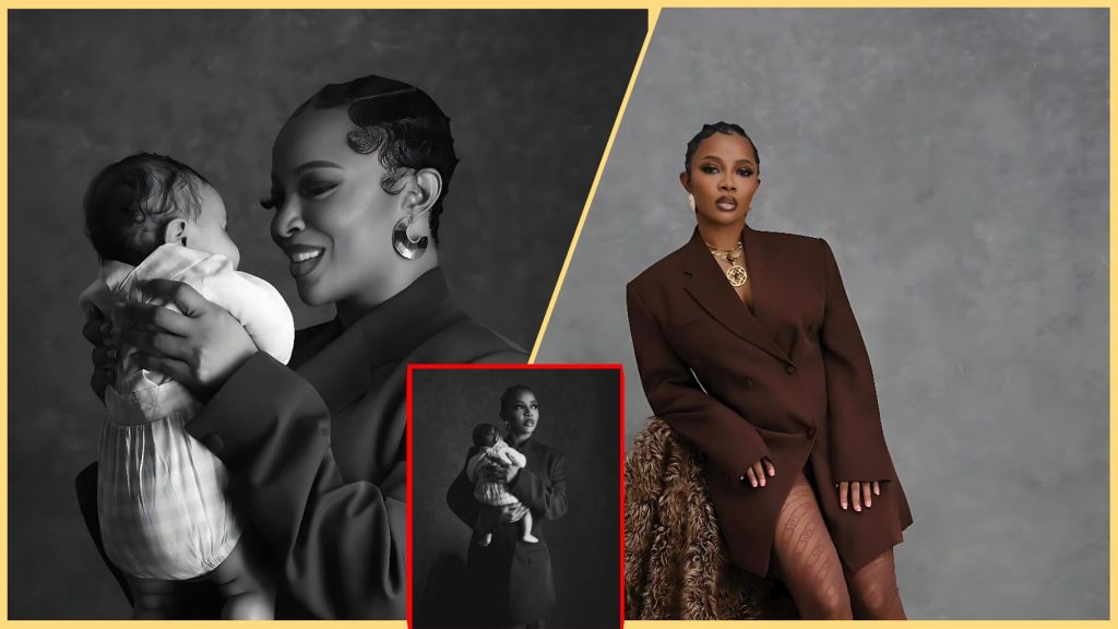 A collage of three studio portraits featuring Nigerian media personality Toke Makinwa. In the first black-and-white photo, she smiles while holding her infant daughter close to her face. The second black-and-white inset shows her standing and cradling the baby in her arms. The third coloured photo shows Toke seated in a brown oversized blazer, wearing gold jewellery, with a calm, confident pose against a grey backdrop.