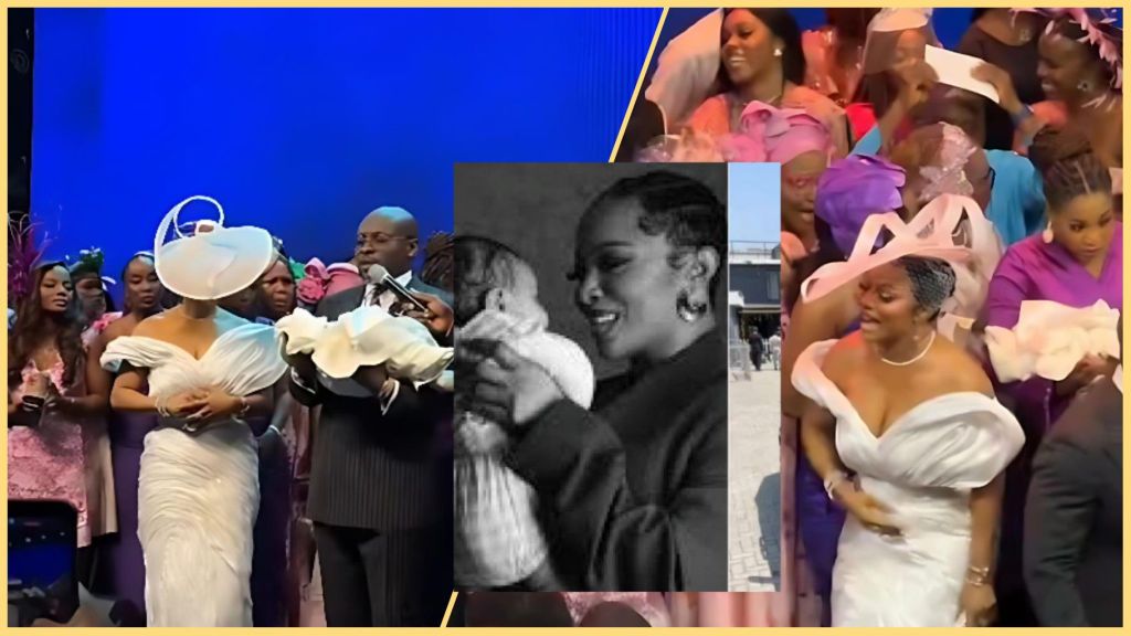 Toke Makinwa in a white dress at her daughter Yaya’s church dedication, surrounded by guests in colourful outfits, with a pastor holding the baby and an inset photo of Toke smiling while carrying the child.
