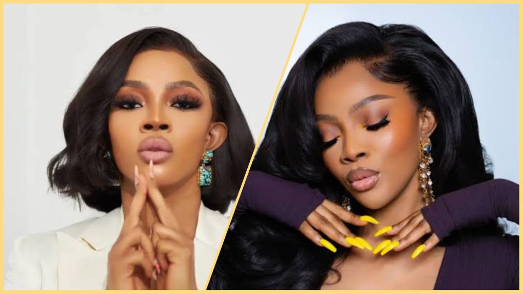 Side-by-side portraits of media personality Toke Makinwa wearing elegant makeup and statement earrings, posing with polished nails and confident expressions.