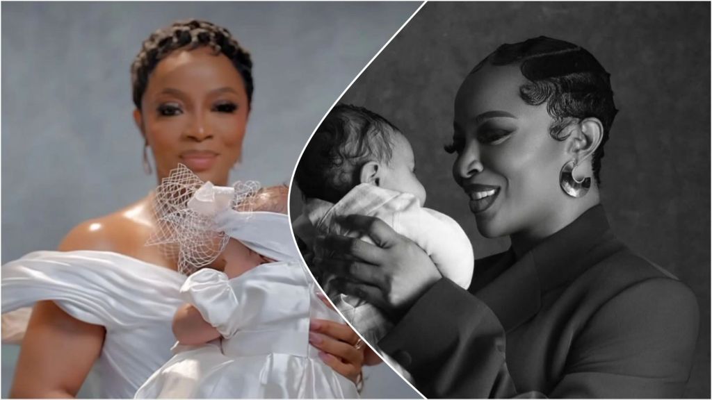 A collage showing Toke Makinwa holding her newborn. On the left, she wears a white off-shoulder dress while cradling the baby in matching white attire. On the right, a black-and-white photo shows her smiling as she lifts the baby close to her face.
