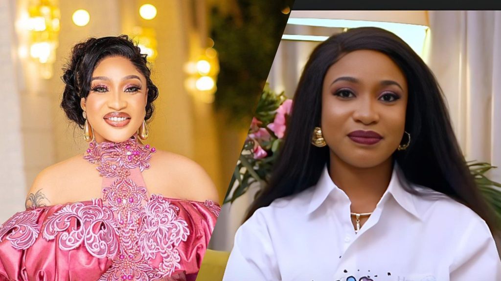 A split-image of Tonto Dikeh smiling in two different outfits; on the left, she wears a pink embroidered off-shoulder gown with gold earrings, and on the right, she wears a white shirt with gold hoop earrings, posing indoors.
