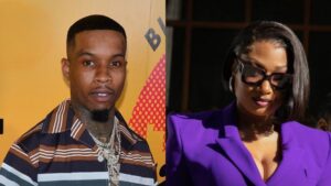 Side-by-side photo showing Tory Lanez on the left wearing a striped shirt and jewellery, and Megan Thee Stallion on the right wearing a purple blazer and dark sunglasses.