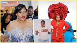A collage featuring Nigerian actress Toyin Abraham in three different looks: one in a sparkly silver gown at an event, another in a casual T-shirt and jeans pointing at the camera, and a third in a bold red suit with an oversized red gele standing in front of a blue vintage car.
