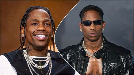Side-by-side photo of Travis Scott smiling on the left and posing in sunglasses and a black jacket on the right.