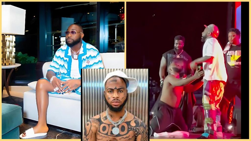 A three-panel collage: left, Davido seated in a blue shirt and chains; centre, a portrait-style shot of Trinity showing facial tattoos and chains; right, a night-stage clip where a shirtless Trinity kneels before Davido while the crowd watches. The images capture the moment Trinity met Davido at the Ibadan stop of the tour."
