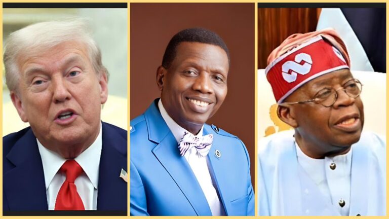 Three-photo collage showing Donald Trump on the left speaking, Pastor Enoch Adeboye in a blue suit smiling in the center, and Nigerian President Bola Ahmed Tinubu in a red cap on the right.