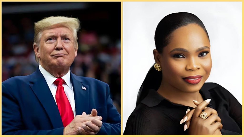 Side-by-side collage showing former U.S. President Donald Trump on the left, wearing a navy suit with a red tie, and Nigerian gospel singer Victoria Orenze on the right, dressed in black with her hands clasped, smiling at the camera.