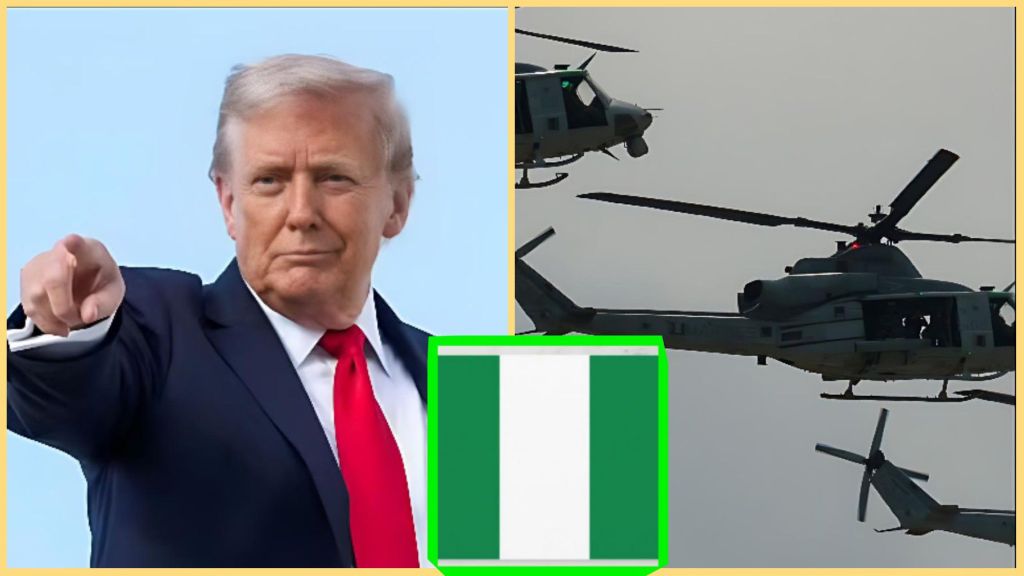 Split image showing former U.S. President Donald Trump pointing forward on the left, and military helicopters in flight on the right, with a Nigerian flag icon placed at the center bottom.