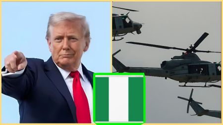Split image showing former U.S. President Donald Trump pointing forward on the left, and military helicopters in flight on the right, with a Nigerian flag icon placed at the center bottom.