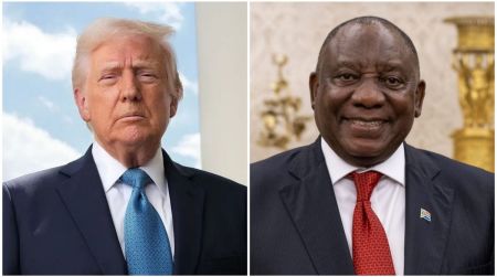 Side-by-side portrait of former US President Donald Trump on the left, wearing a dark suit and blue tie, and South African President Cyril Ramaphosa on the right, dressed in a dark suit with a red tie, smiling inside an official setting.