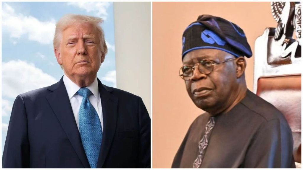 Side-by-side photos of former US President Donald Trump and Nigerian President Bola Ahmed Tinubu; Trump stands outdoors in a suit and blue tie, while Tinubu sits indoors wearing traditional attire and a cap.