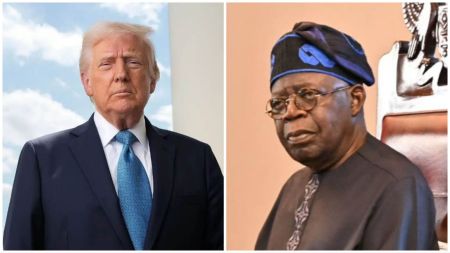 Side-by-side photos of former US President Donald Trump and Nigerian President Bola Ahmed Tinubu; Trump stands outdoors in a suit and blue tie, while Tinubu sits indoors wearing traditional attire and a cap.
