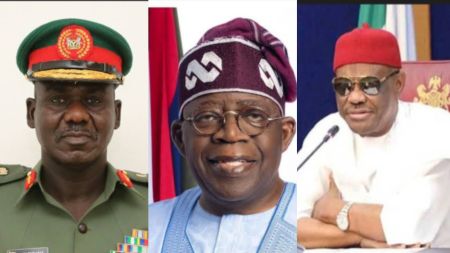 Former Chief of Army Staff Tukur Buratai, President Bola Ahmed Tinubu, and FCT Minister Nyesom Wike pictured side by side in separate portraits.
