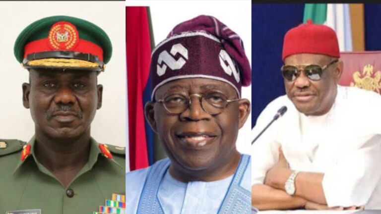 Former Chief of Army Staff Tukur Buratai, President Bola Ahmed Tinubu, and FCT Minister Nyesom Wike pictured side by side in separate portraits.