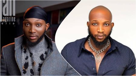 Side-by-side collage of BBNaija star Tuoyo Ideh; left image shows him wearing a durag, grey coat and patterned sweater, while the right image shows him in a striped shirt with layered chain necklaces, looking directly at the camera.