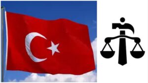 A Turkish flag waving against a blue sky, placed beside a black justice-scale icon with a gavel integrated into the design.
