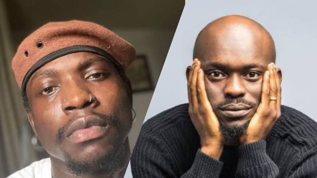 “Side-by-side photo of activist VDM wearing a brown beret and comedian Mr Jollof resting his face on his hands.”