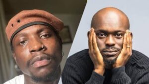 “Side-by-side photo of activist VDM wearing a brown beret and comedian Mr Jollof resting his face on his hands.”