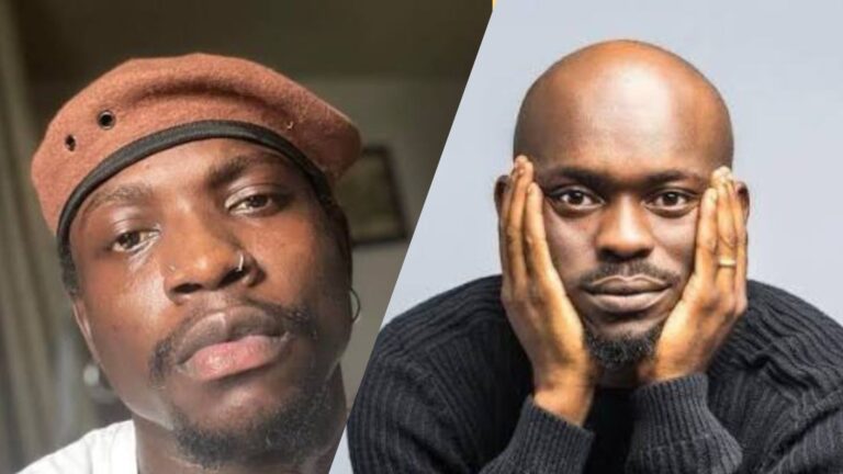 “Side-by-side photo of activist VDM wearing a brown beret and comedian Mr Jollof resting his face on his hands.”