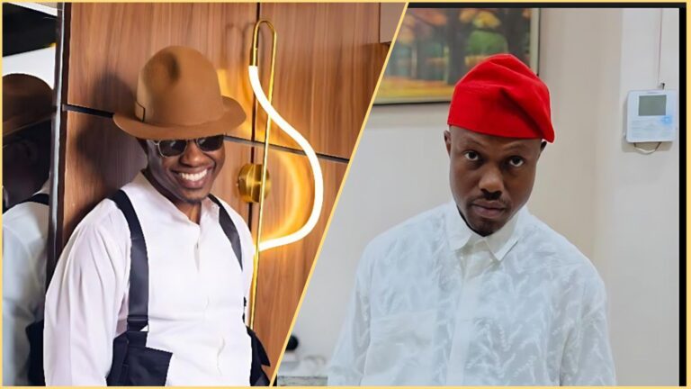 Side-by-side collage showing Nigerian rapper Vector in two outfits: on the left, he smiles in a brown hat, sunglasses and white shirt with black suspenders; on the right, he wears a red cap and white patterned shirt while looking directly at the camera.