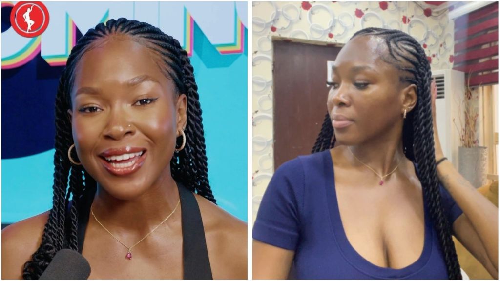 Two-photo collage of BBNaija star Vee (Victoria Adeleye) wearing braided hair; left image shows her smiling during an on-camera appearance in a black outfit, right image shows her indoors in a navy top, looking to the side and touching her braids.