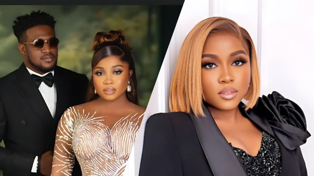 Veekee James poses with her husband Femi Atere in a formal portrait, alongside a solo image of the fashion designer in a black outfit.