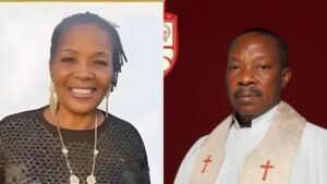 Side-by-side photo showing Venerable Edwin Achi in Anglican clerical attire on the right, and his wife, Sarah Achi, smiling in a black patterned top on the left.
