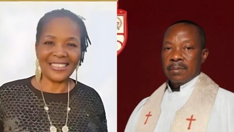 Side-by-side photo showing Venerable Edwin Achi in Anglican clerical attire on the right, and his wife, Sarah Achi, smiling in a black patterned top on the left.