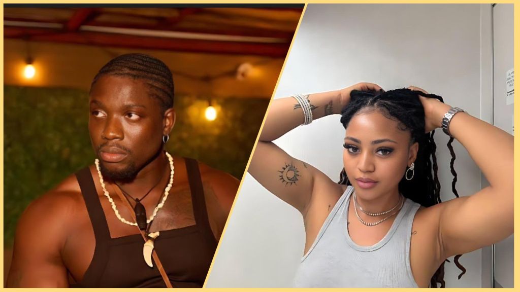 Side-by-side photo collage of VeryDarkMan wearing a sleeveless black top and beaded necklace, and Regina Daniels posing with her hands in her hair while wearing a grey tank top and jewellery.